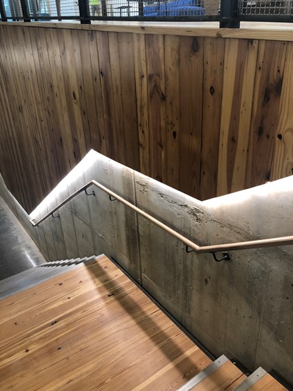 Reclaimed wood staircase at the Georgia Institute of Technology, Kendeda Building 